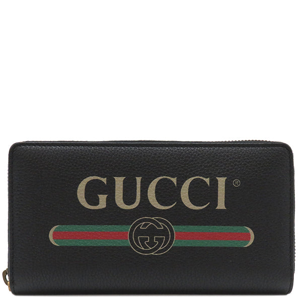 グッチ GUCCI ロゴプリント ジップアラウンド ウォレット 496317 ブラック レザー 長財布 ヴィンテージ金具 ラウンドファスナー 黒