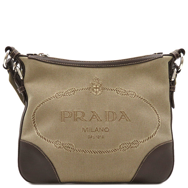 プラダ PRADA ロゴジャガード ベージュ×ブラウン キャンバス レザー ショルダーバッグ シルバー金具 茶 ネームタグ欠品