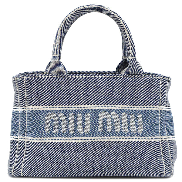 ミュウミュウ MIU MIU ジャガード ロゴ バッグ 5BA219 デニム デニム 2WAYバッグ シルバー金具 水色 白 青 ハンドバッ