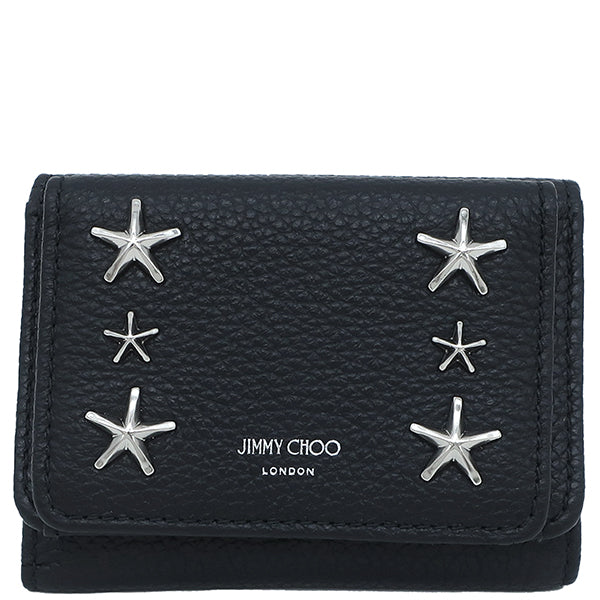 ジミーチュウ JIMMY CHOO スタッズ コンパクト ウォレット ブラック レザー メタル 三つ折り財布 シルバー金具 黒 星 スター