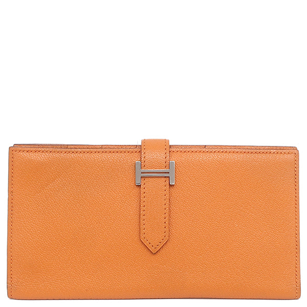 HERMES 美品 ベアン スフレ シェーブル オレンジ 長財布 エルメス HERMES ベアンスフレ オレンジ シェーブル 長財布 シルバー