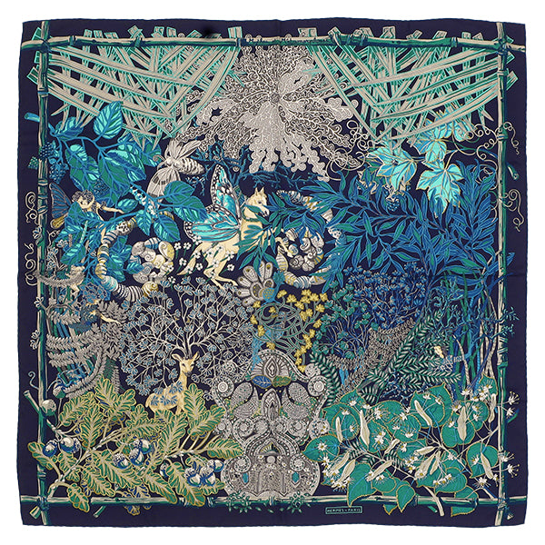 エルメス HERMES カレ90 CARRE ネイビー×グリーン×グレー シルク