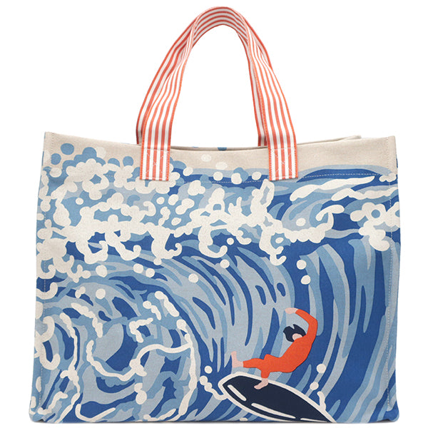 ウェーブビーチバッグ ブルー×マルチカラー コットンキャンバス トートバッグ 新品 未使用 Wave beach bag