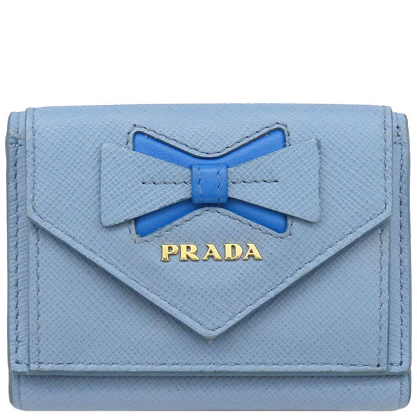 リボン ミニウォレット 1MH021 ブルー サフィアーノレザー 三つ折り財布 ゴールド金具 コンパクト財布