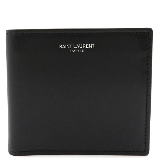 サンローラン SAINT LAURENT 396307 ブラック レザー 二つ折り財布 シルバー金具 黒