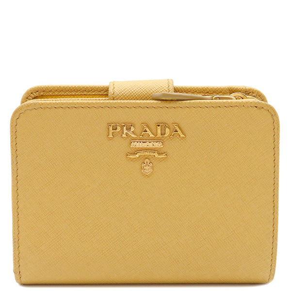 プラダ PRADA コンパクトウォレット　 ジネストラ×ソレイユ サフィアーノ 二つ折り財布 ゴールド金具 黄色 白 バイカラー