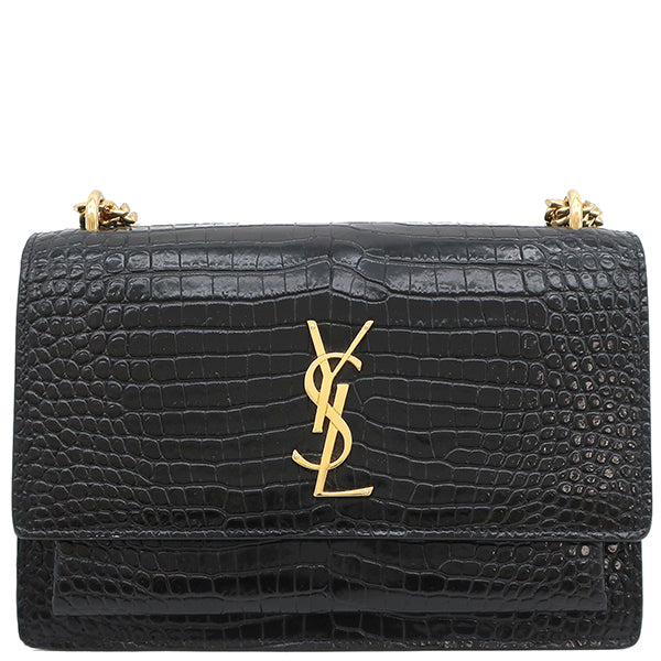 イヴ・サンローラン Yves Saint Laurent サンセット チェーン ショルダー ブラック レザー 2WAYバッグ ゴールド金具  クロコ型押し 黒