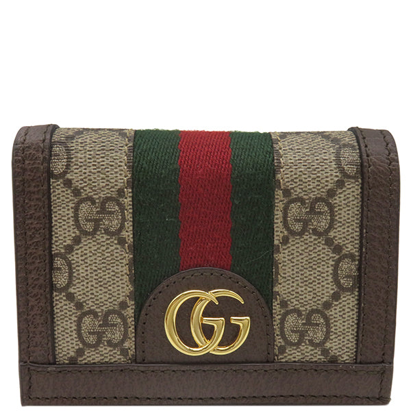 グッチ GUCCI オフィディア GG カードケース 523155 ベージュ×エボニー GGスプリームキャンバス レザー 二つ折り財布 ゴールド金具  ウェブ ストライプ シェリーライン 赤 緑 茶