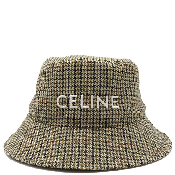 セリーヌ CELINE 千鳥格子 ロゴ プリント バケットハット レッド ウール 14038 ハット