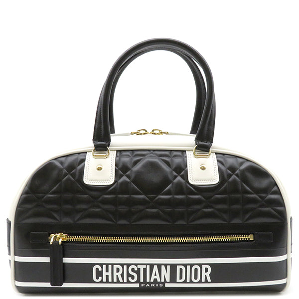 クリスチャン・ディオール Christian Dior VIBE ミディアム ボーリングバッグ ブラック×ホワイト レザー 2WAYバッグ  ゴールド金具 黒 ショルダー カナージュ