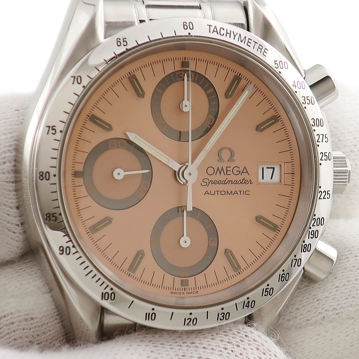 オメガ OMEGA スピードマスター 40周年記念 デイト グランプリ 3511.60 自動巻き メンズ OH済 サーモンピンク 日本限定