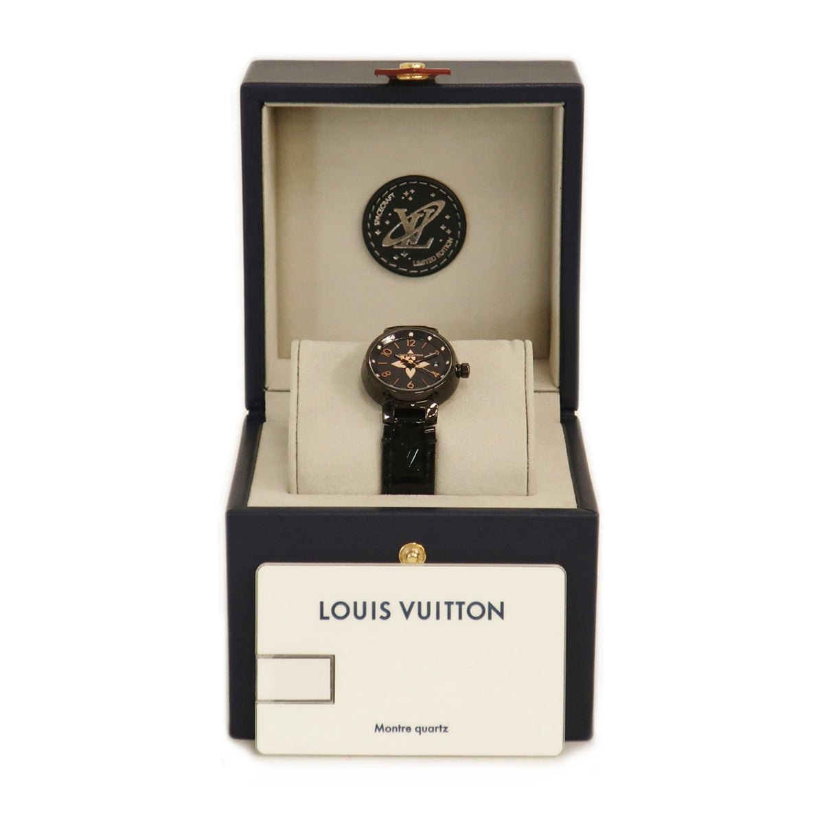 ルイヴィトン LOUIS VUITTON タンブール オールブラック PM QA047 クオーツ レディース 黒 純正12Pダイヤ