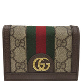 グッチ GUCCI オフィディア GG カードケース 523155 ベージュ×エボニー GGスプリームキャンバス レザー 二つ折り財布 ゴールド金具 ウェブ ストライプ シェリー 赤 緑 茶