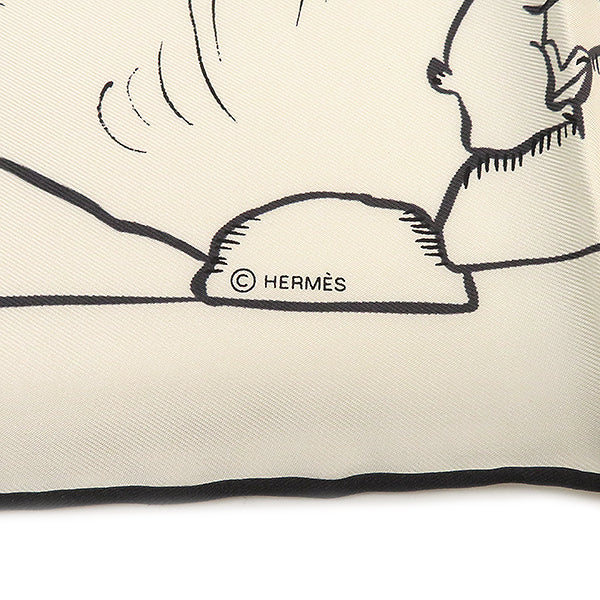 エルメス HERMES カレ90 CARRE ホワイト×ブラック シルク スカーフ 【MILLE ET UN LAPINS/千と一のウサギ】