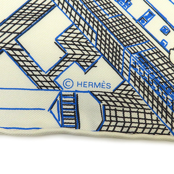 エルメス HERMES カレ90 CARRE ホワイト×ブラック×ブルー シルク スカーフ 【PANTIN CITY/パンタンシティ】