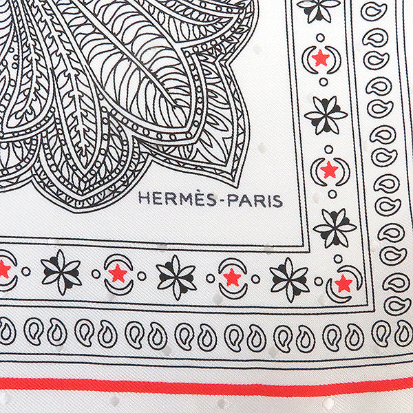 エルメス HERMES カレ55 CARRE ホワイト×ブラック×ルージュ シルク スカーフ 【LE JARDIN DE LA MAHAR/マハラニの庭】