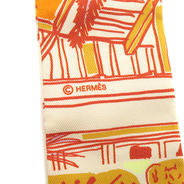 エルメス HERMES ツイリー オレンジ×コーラル×ブルー シルク スカーフ 新品 未使用【RAYURES D'ETE/レイユール デテ】