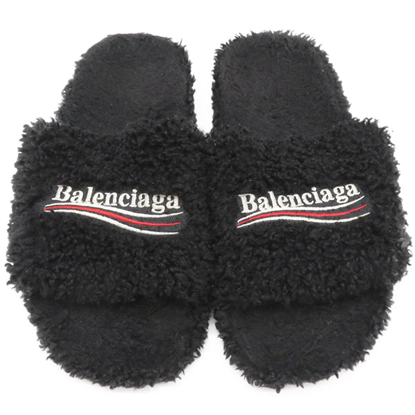 バレンシアガ BALENCIAGA フェイク シアリング ファー スライド サンダル ブラック フェイクファー #42 サンダル 黒 キャンペーンロゴ