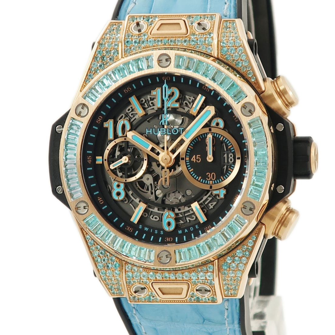 ウブロ HUBLOT ビッグバン ウニコ キングゴールド パライバ 411.OX.1189.LR.0919 自動巻き メンズ K18KG無垢 希少石 青