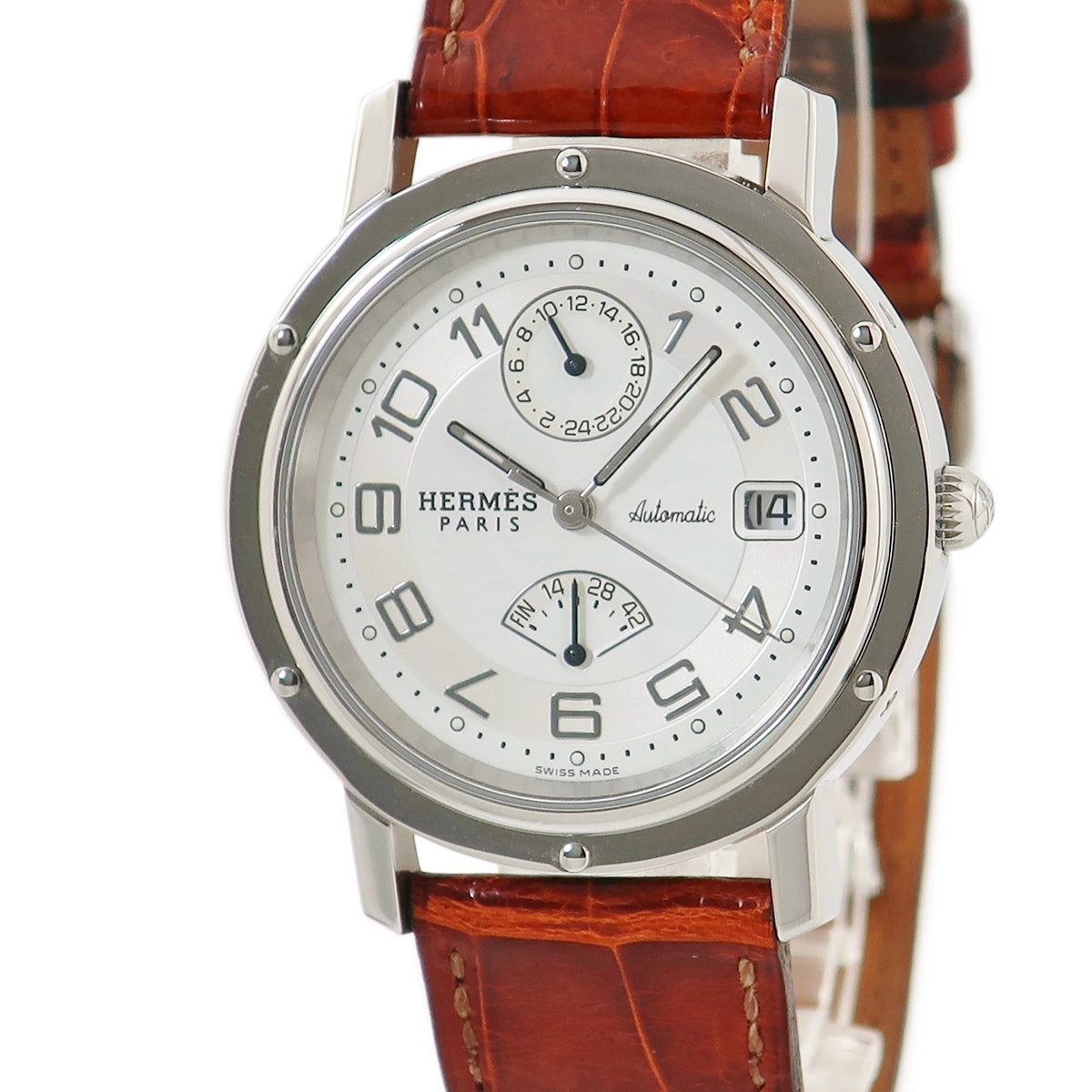 エルメス HERMES クリッパー GMT パワーリザーブ CL2.810 自動巻き メンズ OH済 白 アラビア 2タイムゾーン