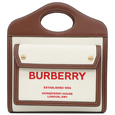 バーバリー BURBERRY ツートン ミニ ポケットバッグ 80317461 ナチュラル×モルトブラウン コットン レザー 2WAYバッグ ゴールド金具 茶 ショルダー