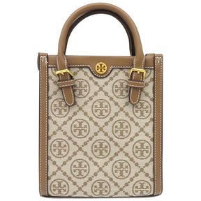 トリーバーチ TORY BURCH Tモノグラム ジャカード ミニトート ブラウン×ベージュ カーフレザー ジャガード 2WAYバッグ ゴールド金具 ミニバッグ ハンドバッグ ショルダー