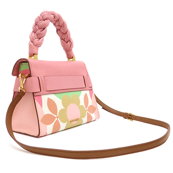 ミュウミュウ MIU MIU MADRAS FLOWERS  5BA046 ピンク×マルチカラー レザー 2WAYバッグ ゴールド金具 ハンドバッグ ショルダー