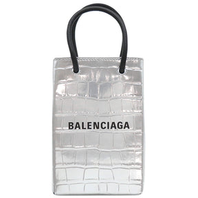 バレンシアガ BALENCIAGA ショッピング フォンホルダー シルバー レザー ショルダーバッグ シルバー金具 ミニバッグ