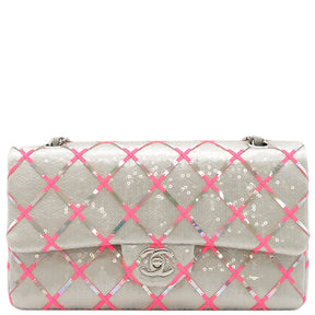 シャネル CHANEL マトラッセ 25 Wチェーン  A01112 グレー×ピンク スパンコール レザー ショルダーバッグ シルバー金具 ダブルフラップ スパンコール