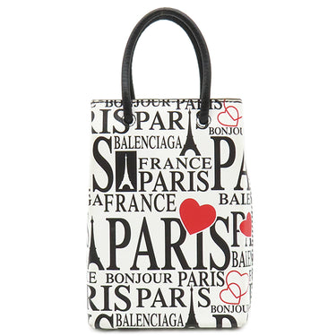 バレンシアガ BALENCIAGA ボンジュールパリ ショッピング フォンホルダー 593826-1BW5N ホワイトXブラック レザー ショルダーバッグ シルバー金具 ミニバッグ 白 黒