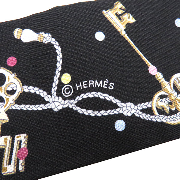 エルメス HERMES ツイリー ブラック×ベージュローズ×マルチカラー シルク スカーフ 新品 未使用【LES CLES A POIS/レ クレ ア ポア】