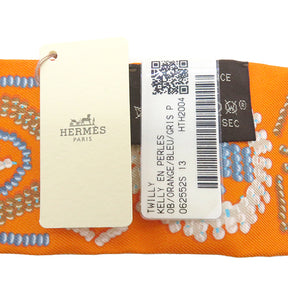 エルメス HERMES ツイリー オレンジ×ブルー×グリスパール シルク スカーフ 新品 未使用【KELLY EN PERLES/ケリーアンペルル】