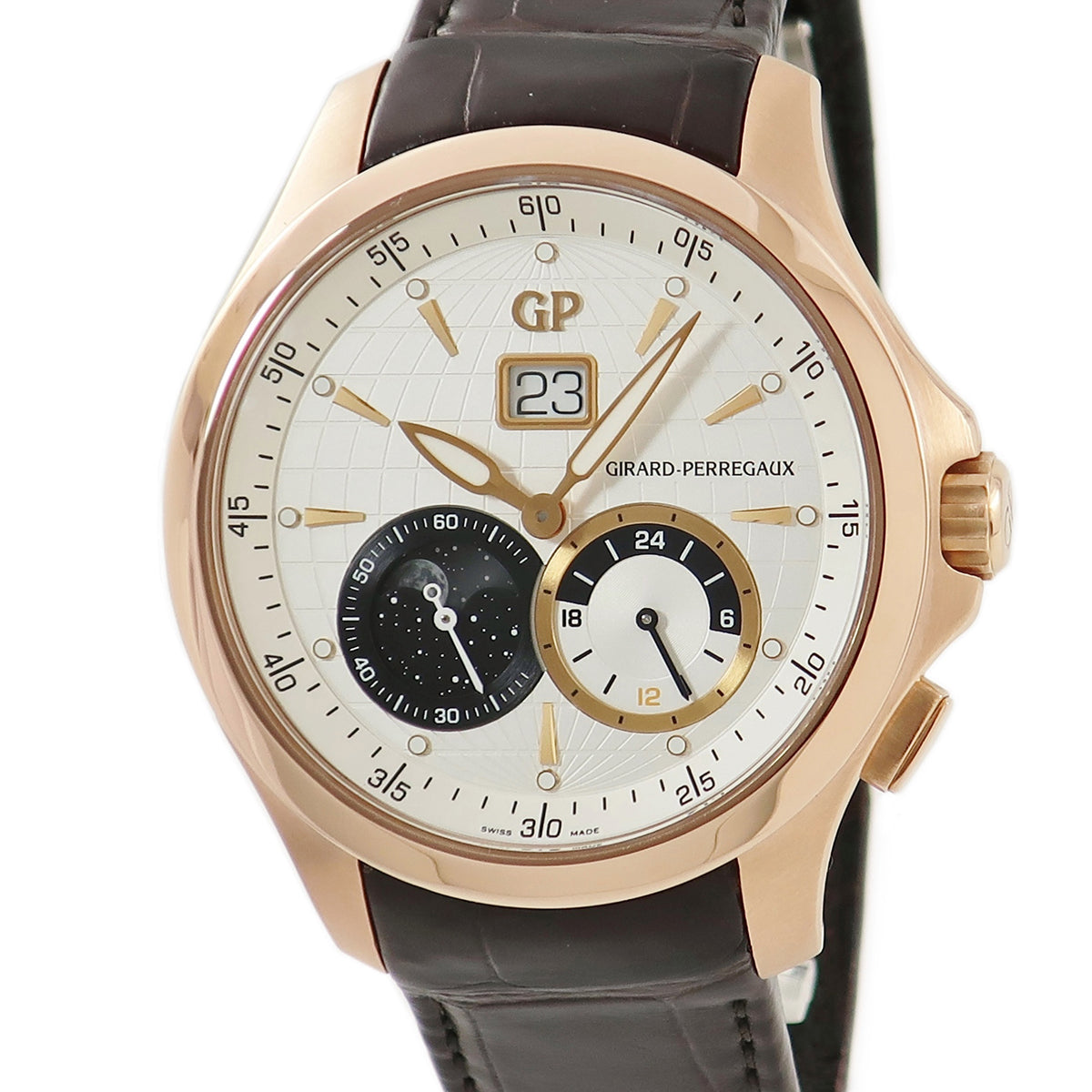 ジラールペルゴ GIRARD PERREGAUX トラベラー 49655-52-131-BB6A 自動巻き メンズ OH済 K18PG無垢 バー 地球儀 ラージデイト GMT