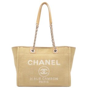 シャネル CHANEL ドーヴィル トートバッグ A67001 ベージュ キャンバス レザー ショルダーバッグ シルバー金具 チェーンショルダー