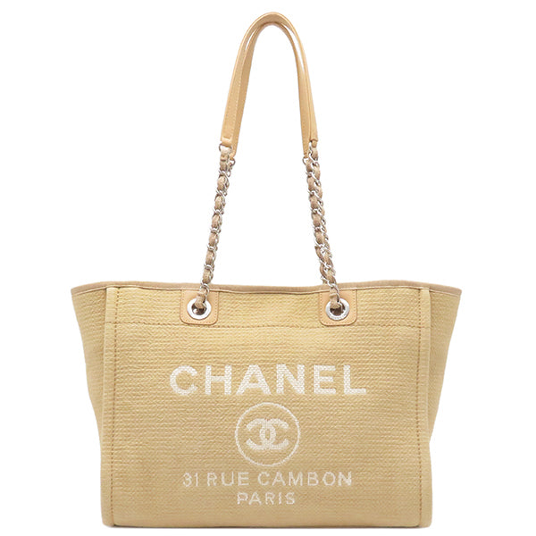 シャネル CHANEL ドーヴィル トートバッグ A67001 ベージュ キャンバス レザー ショルダーバッグ シルバー金具 チェーンショルダー