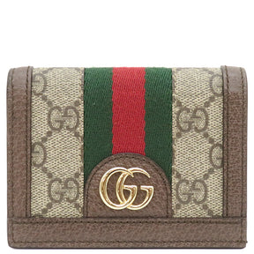 グッチ GUCCI オフィディア GG カードケース 523155 ベージュ×エボニー GGスプリームキャンバス 二つ折り財布 ゴールド金具 ウェブ シェリーライン 赤 緑 茶