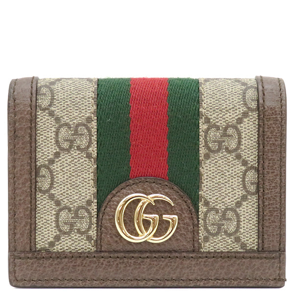 グッチ GUCCI オフィディア GG カードケース 523155 ベージュ×エボニー GGスプリームキャンバス 二つ折り財布 ゴールド金具 ウェブ シェリーライン 赤 緑 茶