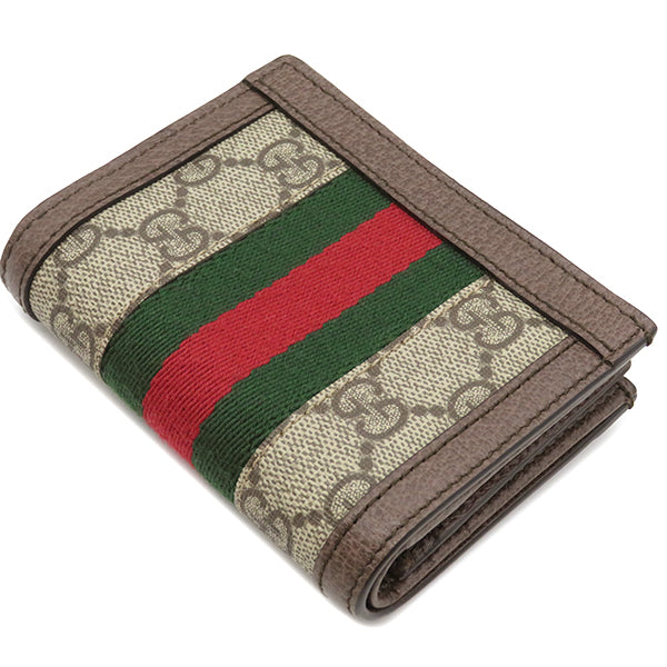 グッチ GUCCI オフィディア GG カードケース 523155 ベージュ×エボニー GGスプリームキャンバス 二つ折り財布 ゴールド金具 ウェブ シェリーライン 赤 緑 茶