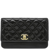 シャネル CHANEL マトラッセ チェーンウォレット ブラック エナメル レザー チェーンウォレット シャンパンゴールド金具 ココマーク 黒