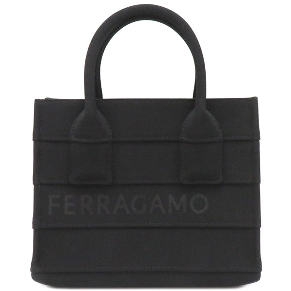 フェラガモ FERRAGAMO TOTE S BEACH ブラック ファブリック ハンドバッグ ゴールド金具 黒