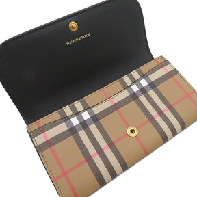 バーバリー BURBERRY ヴィンテージチェック ハルトン ウォレット 4071410 ベージュ×ブラック キャンバス レザー 長財布 ゴールド金具 二つ折り