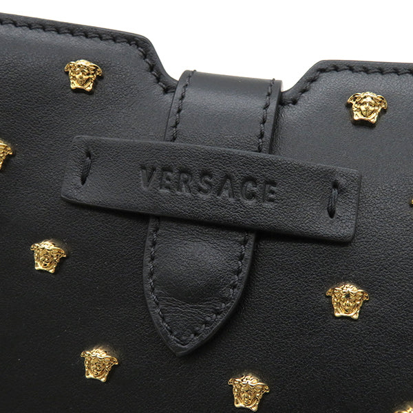 ヴェルサーチ Versace メデューサ スタッズ ブラック レザー クラッチバッグ ゴールド金具 黒 ストラップ付き セカンドバッグ