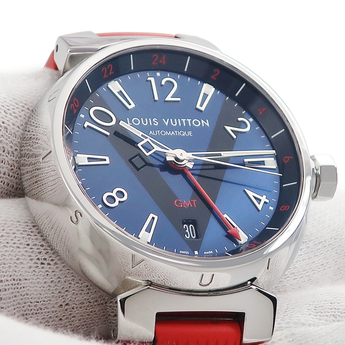 ルイヴィトン LOUIS VUITTON タンブール GMT Q1157 自動巻き メンズ ブルー ブラック アラビア バー V 2タイムゾーン