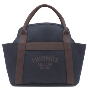 エルメス HERMES サックドパンサージュ グルーム ネイビー×オレンジ コットン ポリウレタン ポリアミド 2WAYバッグ シルバー金具 紺 ショルダー トート