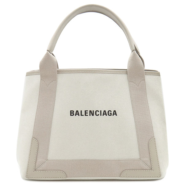 バレンシアガ BALENCIAGA ネイビーカバス S 339933 ベージュ キャンバス レザー トートバッグ シルバー金具 NAVY CABAS ポーチ付き