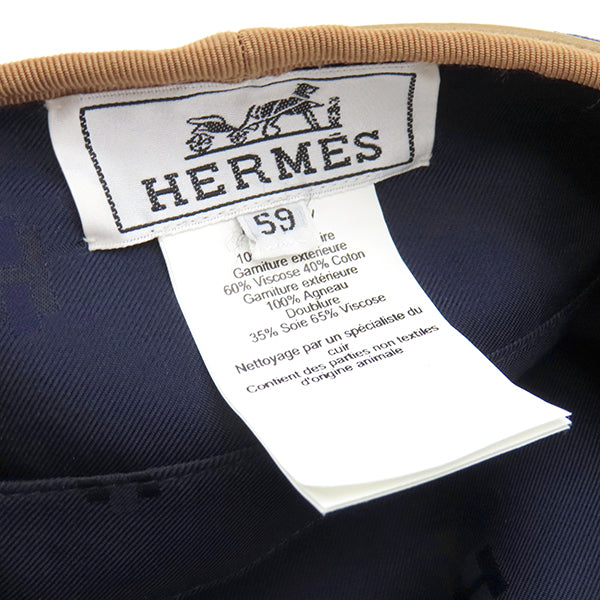 エルメス HERMES サントノーレ ネイビー×ブラウン カシミヤ ＃59 ベレー帽 シルバー金具 青 紺 帽子 セリエボタン パイピング