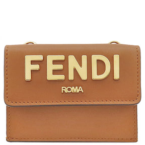 フェンディ FENDI マイクロ チェーンウォレット 8M0481 ブラウン レザー 三つ折り財布 ゴールド金具 茶 コンパクトウォレット