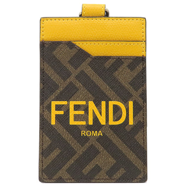 フェンディ FENDI カードホルダー 7M0335 ブラウン×イエロー レザー カードケース シルバー金具 茶 黄色 ズッカ柄 ネックストラップ付