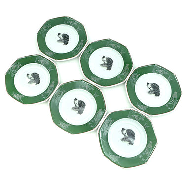 エルメス HERMES シャス 犬 プレート 6枚セット ホワイト×グリーン 磁器 食器 緑 八角皿 6枚セット