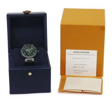腕時計 ルイヴィトン LOUIS VUITTON タンブール オトマティック ダミエグラフィット レース QA131Z 自動巻き メンズ ブラック 緑 Vロゴ